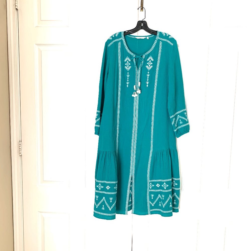 SOFT SURROUNDINGS Embroidered Gauzy Midi Long Sleeve Dress